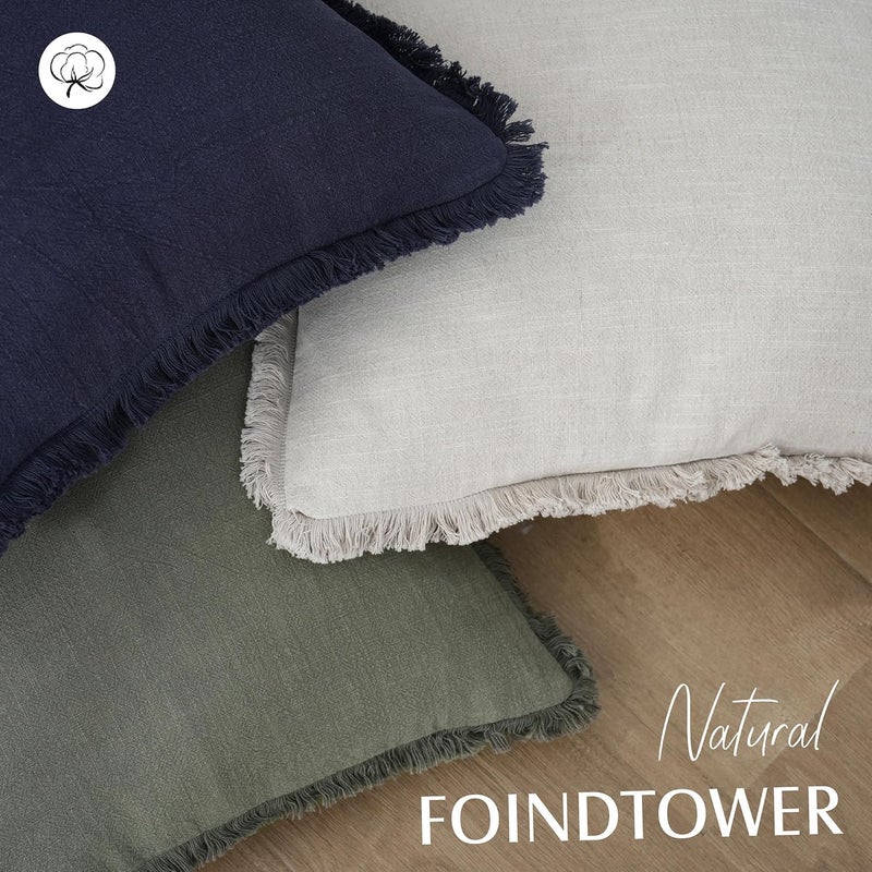 Foindtower Set of 2 Decorative Linen Fringe Throw Pillow Covers Cozy Boho Farmhouse Cushion Cover with Tassels Soft Accent Pillowcase for Couch Sofa Bed Living Room Home Decor, 22×22 Inch, Olive Green - Image 4